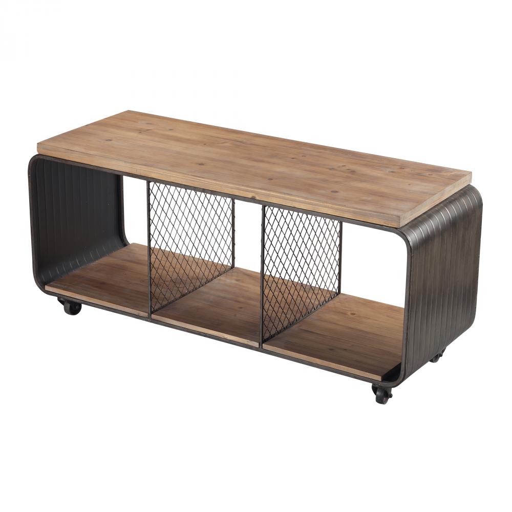 Maltapan-Wood Tone / Metal Tv Stand With Wire Accents Set On 4 Wheels 