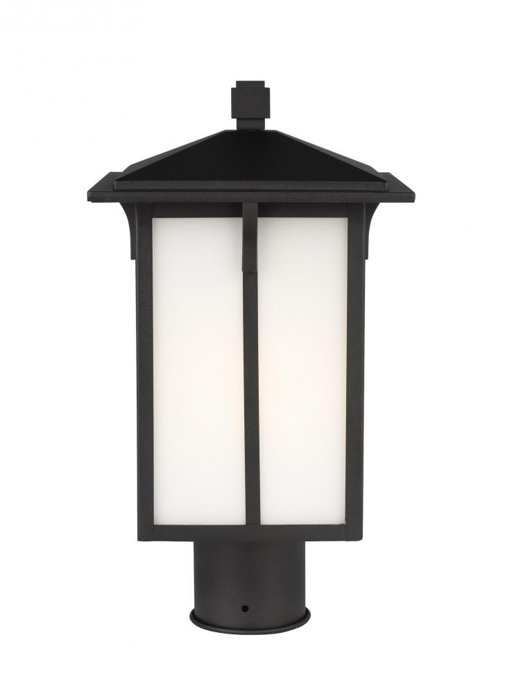 Tomek modern 1-light outdoor exterior post lantern in black finish with etched white glass panels