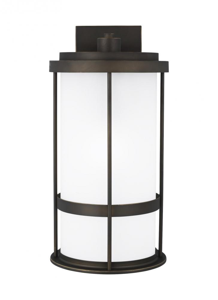 Wilburn modern 1-light outdoor exterior large wall lantern sconce in antique bronze finish with sati