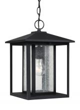 Generation Lighting  62027-12 - Hunnington contemporary 1-light outdoor exterior pendant in black finish with clear seeded glass pan