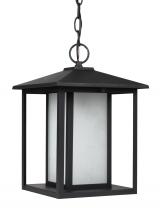 Generation Lighting  69029-12 - Hunnington contemporary 1-light outdoor exterior pendant in black finish with etched seeded glass pa