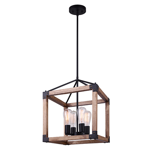MOSS, MBK + Real Wood Color, 4 Lt 39.75inch Rod Chandelier, 60W Type A