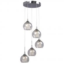  916095CH - 5-Light Multi-Light Pendant - Chrome with Clear Crystal Beads & Clear Glass Shade